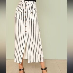 Elegant LINEN Black and White Striped Midi Skirt